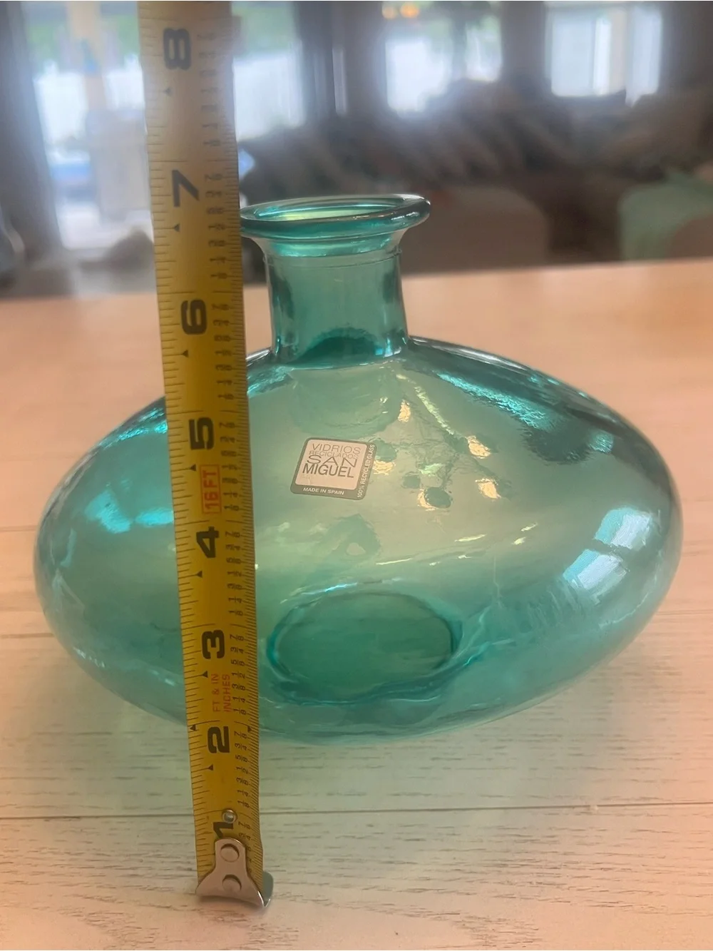 San Miguel Made in Spain Recycled Glass Round Flat Teal Vase- NWT!